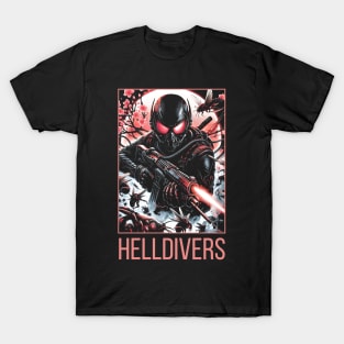 dynamic composition of Helldivers fighting against a swarm of insect-like aliens - fantasy T-Shirt